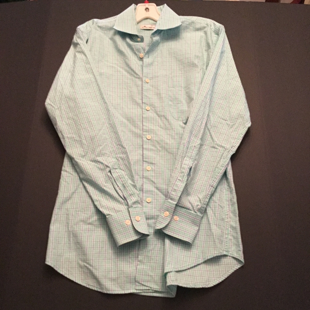 Peter Millar Teal, Blue, And White, Dress Shirt, Size Medium